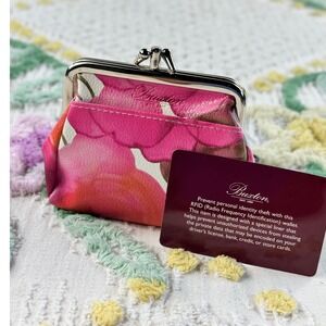 Buxton Pink Floral RFID Triple Frame Coin Purse Kiss Lock Wallet 202P40